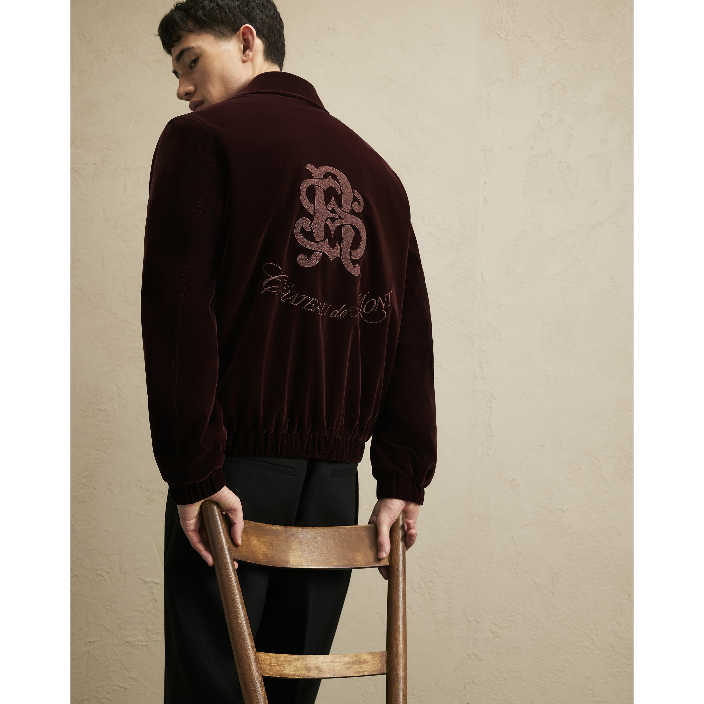 River Island Burgundy Embroidered Velvet Harrington Jacket