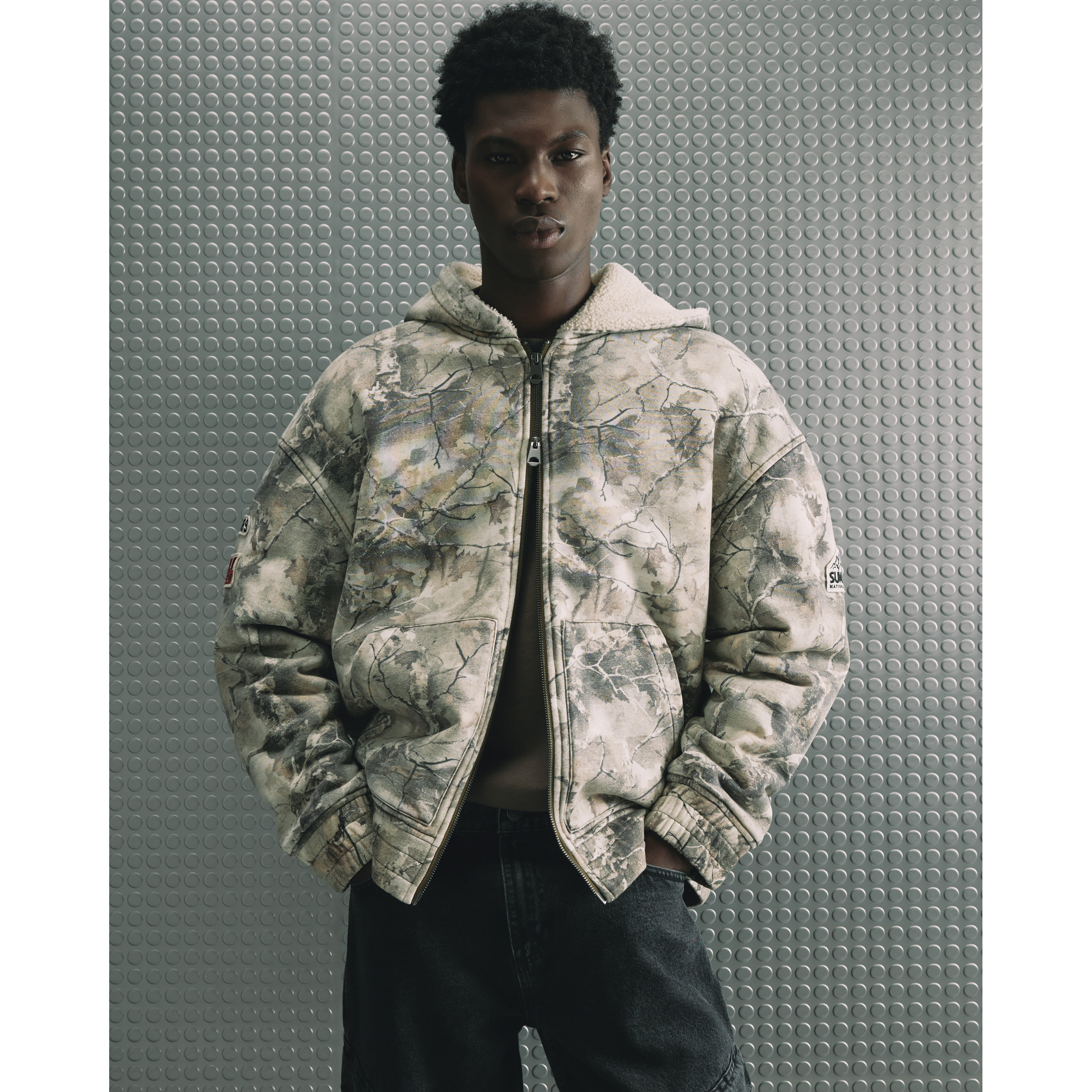 River Island Green Cotton Camo Print Quilted Lined Hoodie