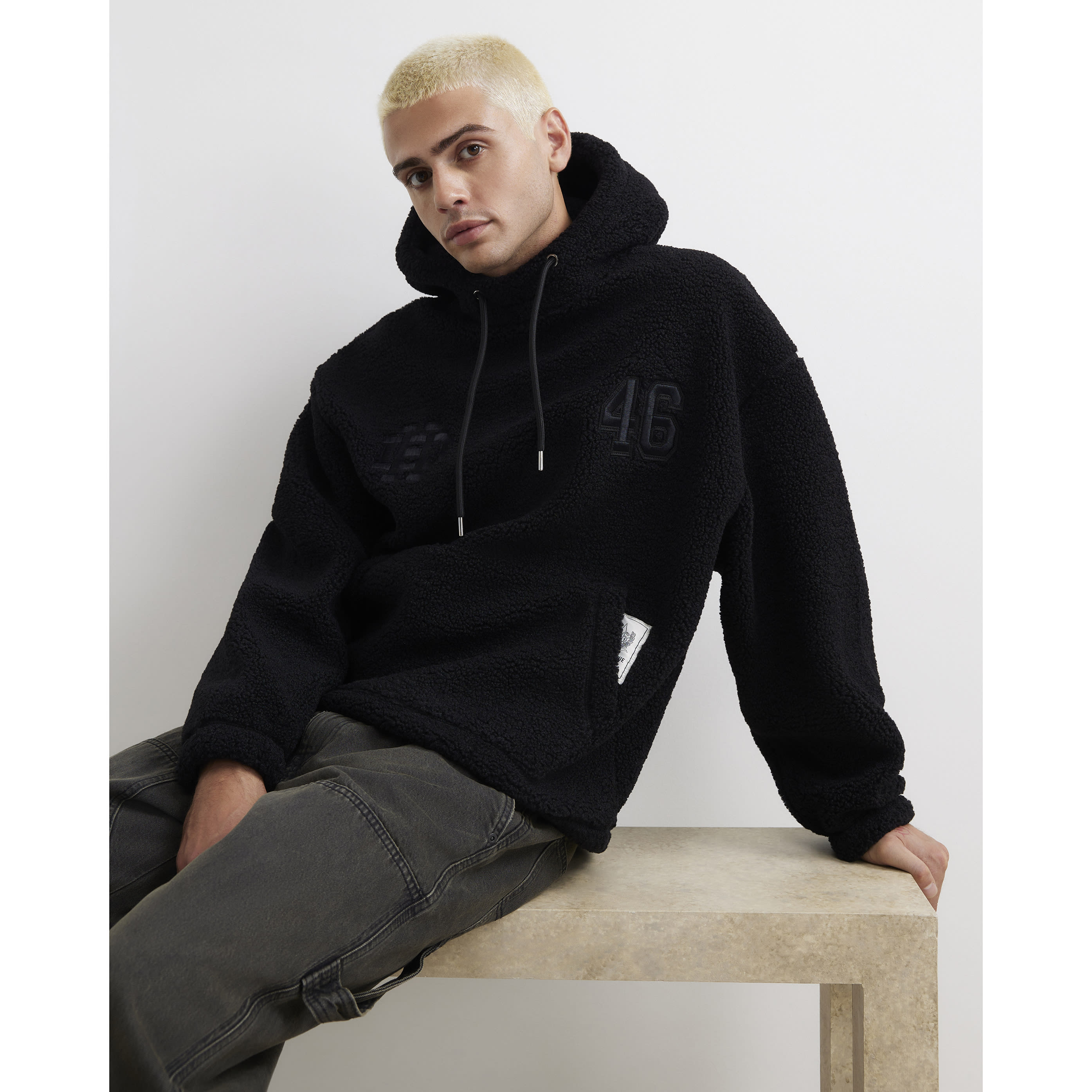 River Island Black Oversized Fit Borg 46 Hoodie