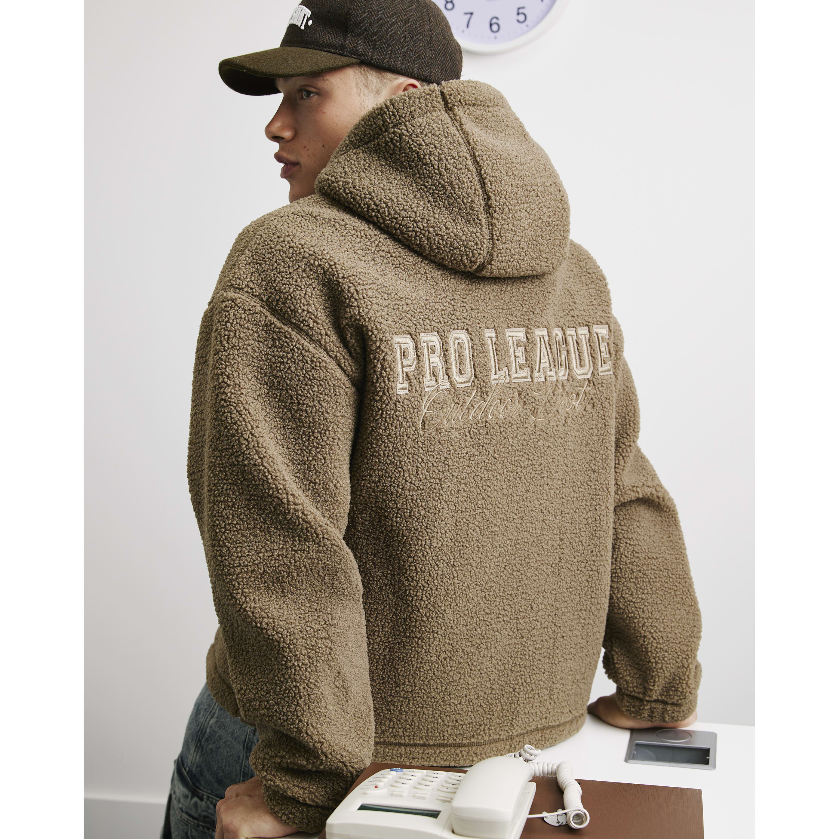 Mens River Island Khaki Oversized Fit Borg Lined Hoodie