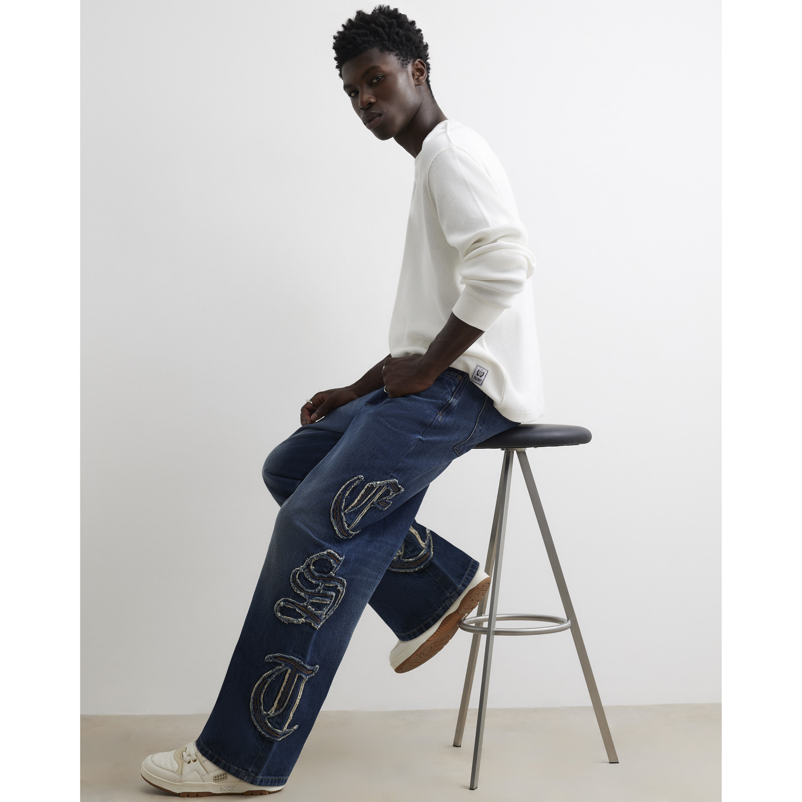 River Island Blue Baggy Fit Embroidered Jeans