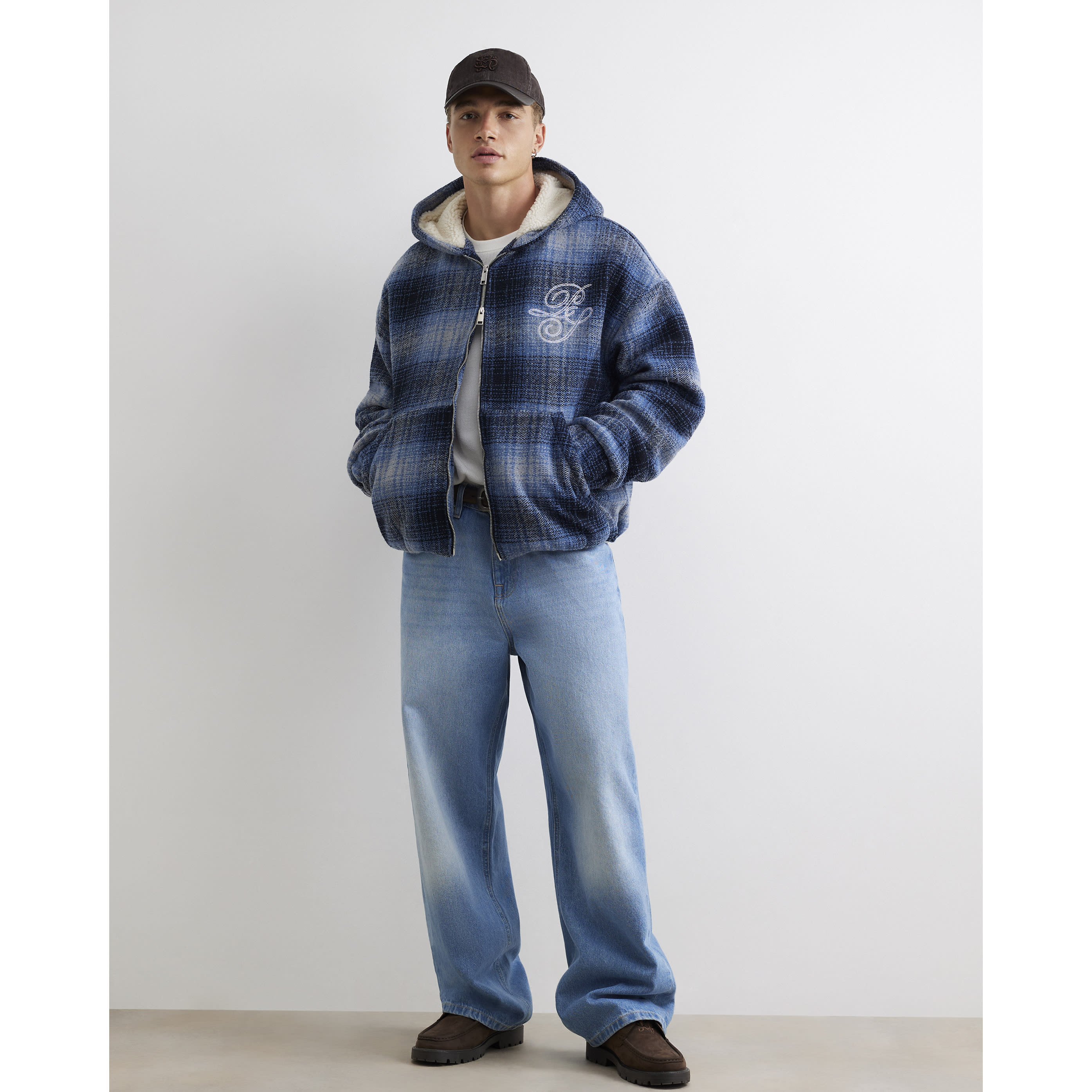 River Island Blue Borg Lined Check Ri Hoodie