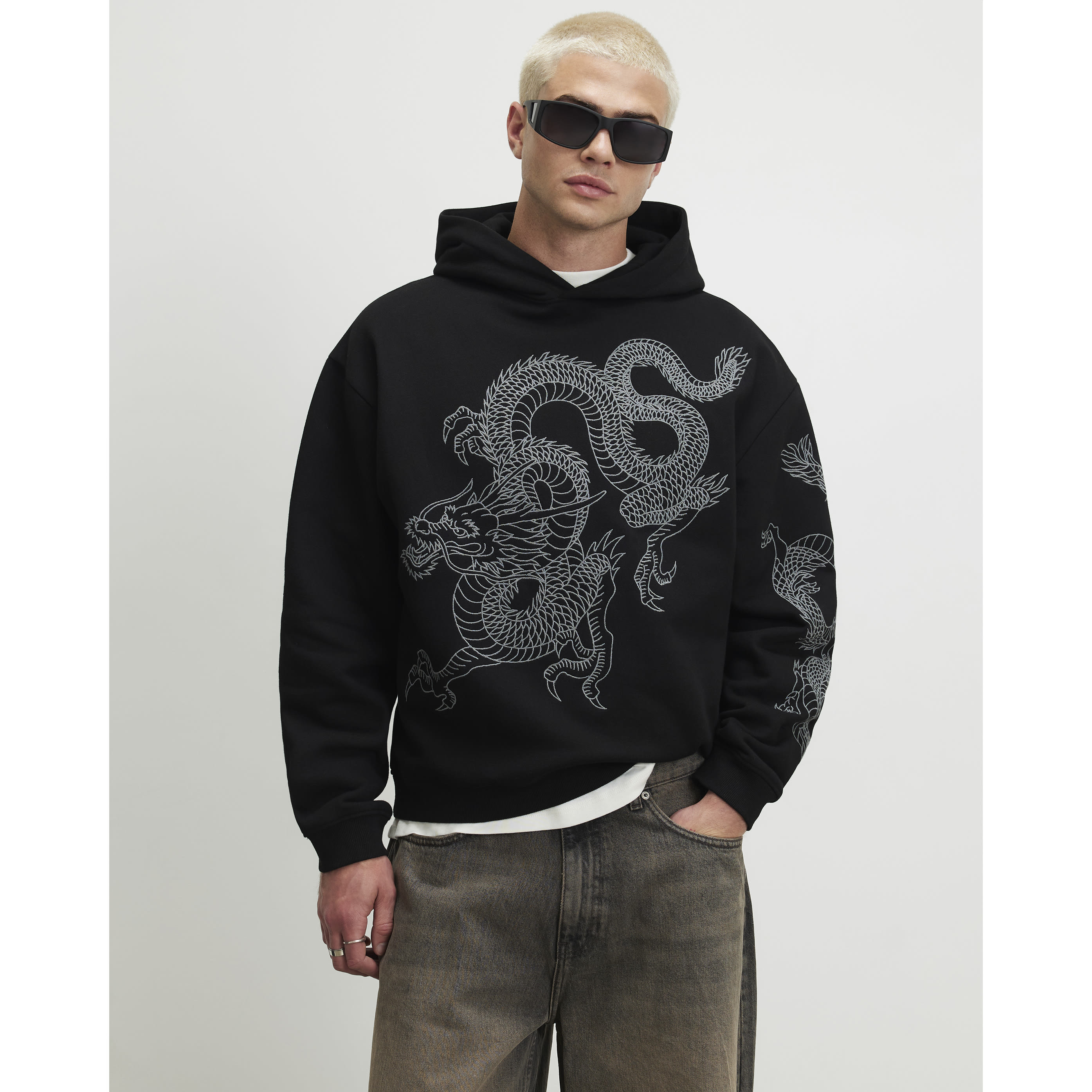 River Island Black Embroidered Dragon Hoodie