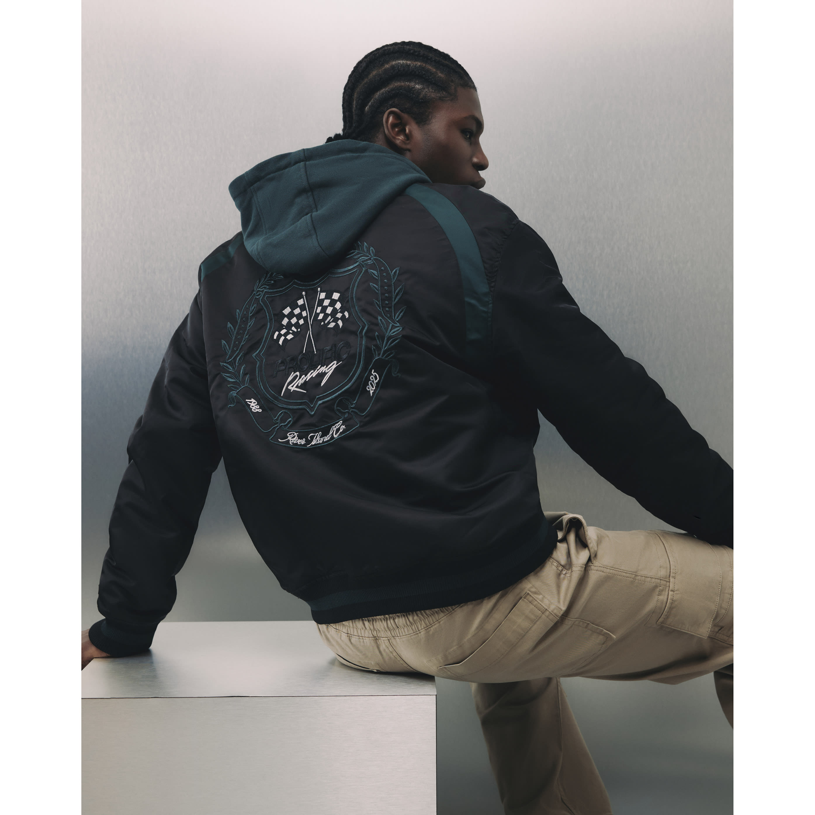 River Island Green Sports Prolific Hooded Bomber Jacket