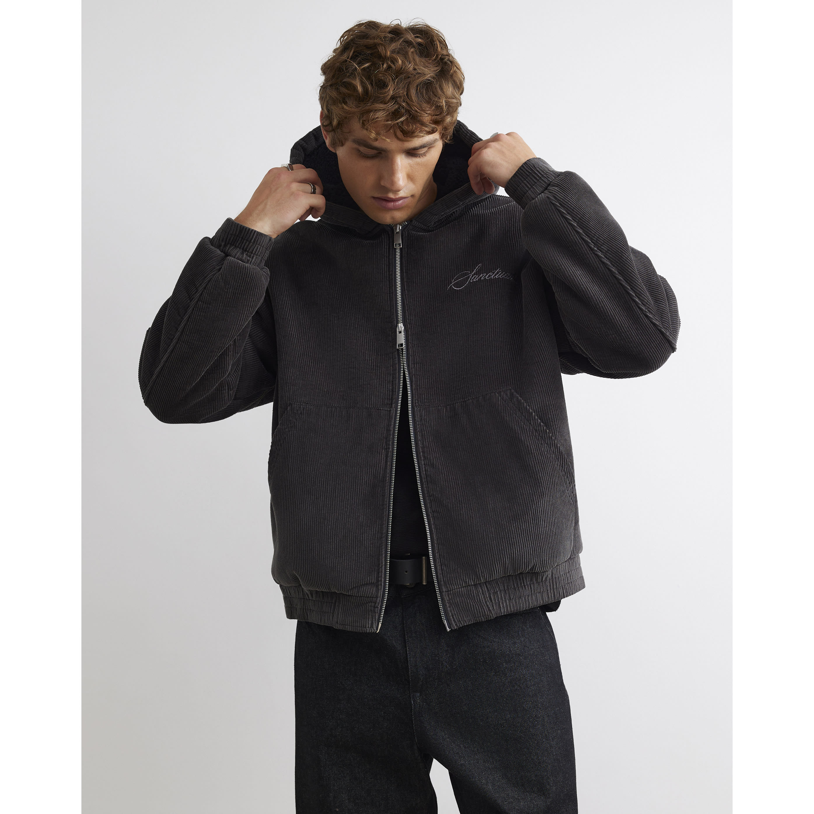 River Island Grey Borg Lined Corduroy Hoodie