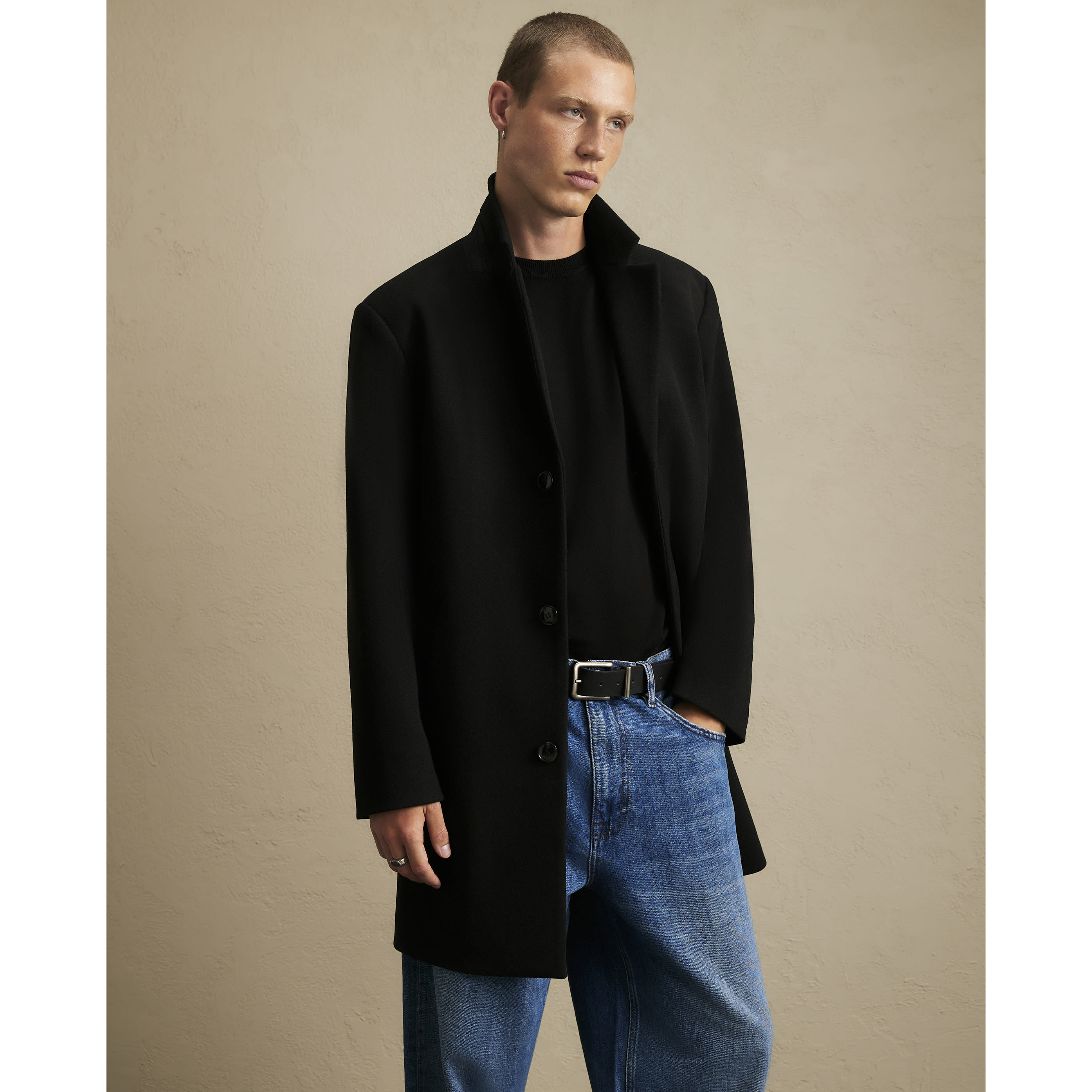 Mens River Island Black Single Breasted Overcoat