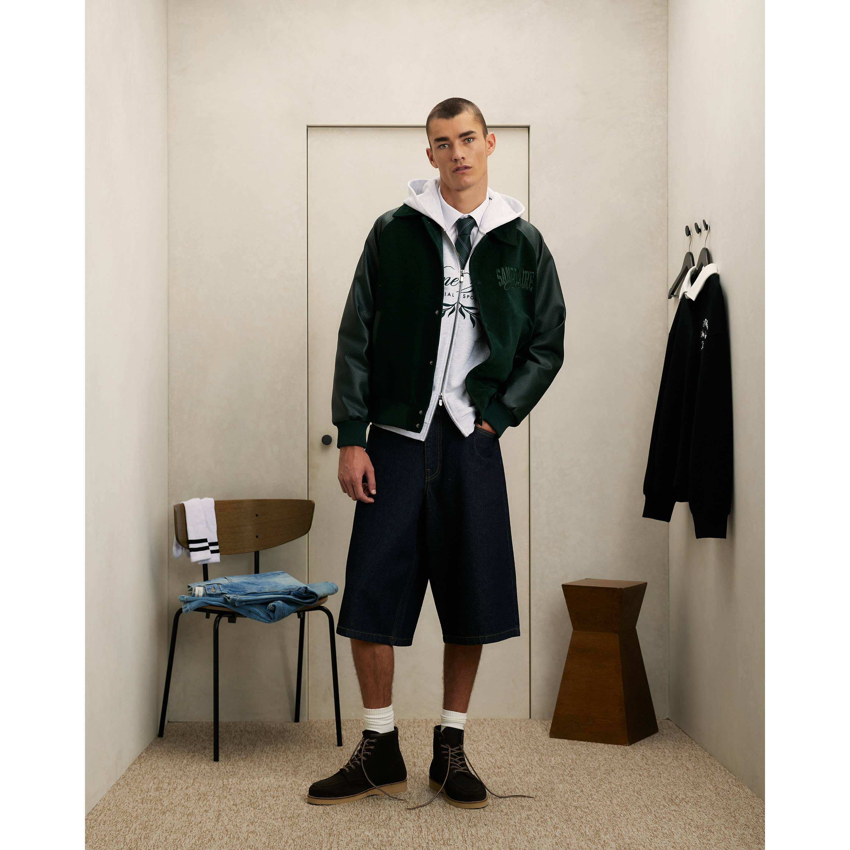 River Island Green Corduroy Sanctuaire Varsity Jacket