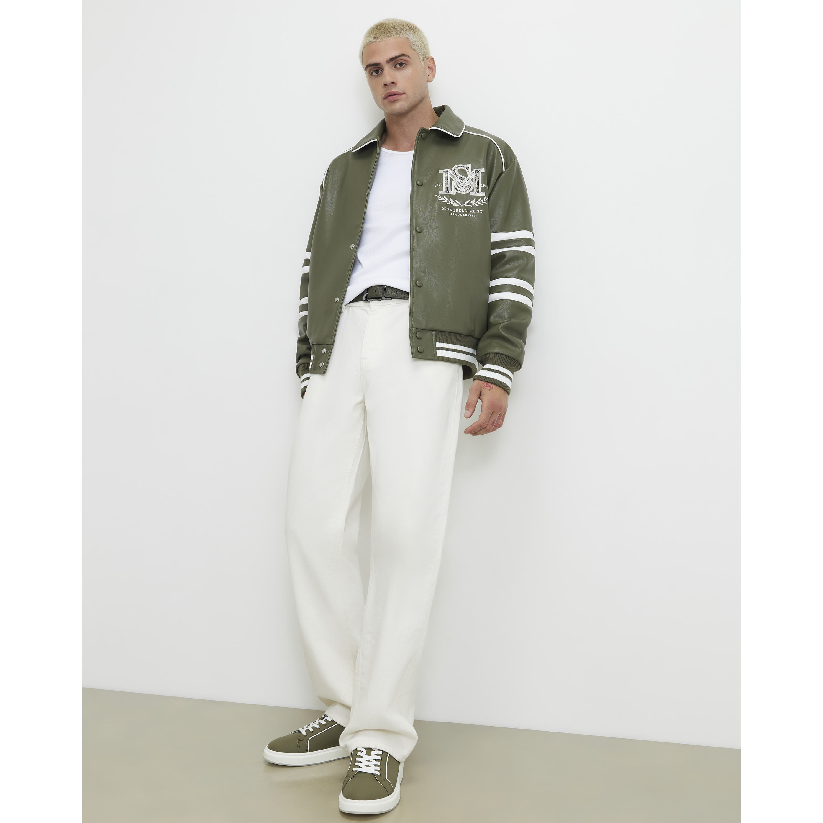 River Island Green Faux Leather Washed Varsity Jacket
