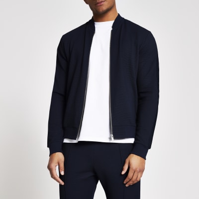Navy textured slim fit bomber jacket