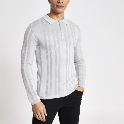 Grey textured muscle fit zip neck polo shirt