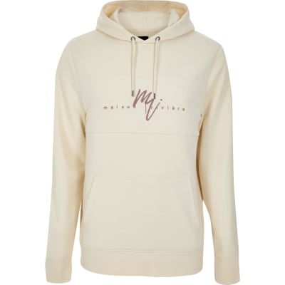 Big and Tall ecru Maison Riviera slim hoodie | River Island