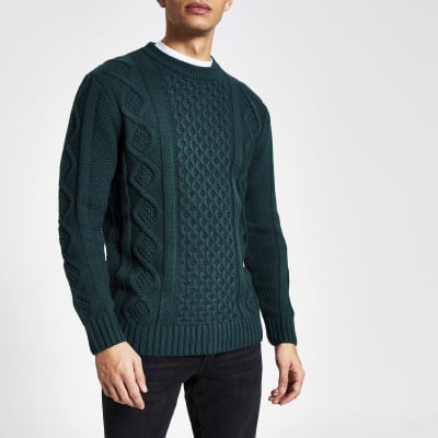 Dark green cable knit crew neck jumper River Island