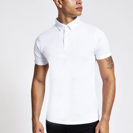 White short sleeve muscle fit rib polo shirt