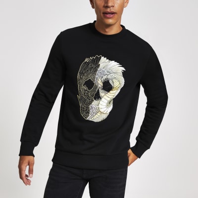 Black slim fit skull embroidered sweatshirt