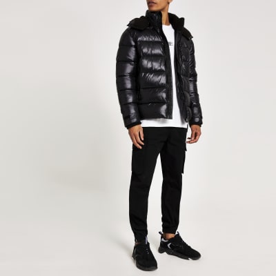 river island puffer jacket with hood in black