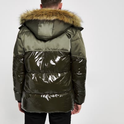 high shine puffer jacket fur hood