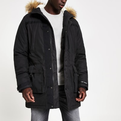 Black faux fur hooded parka jacket