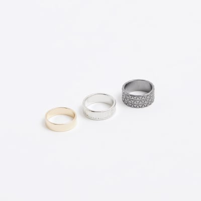3PK silver colour textured rings River Island