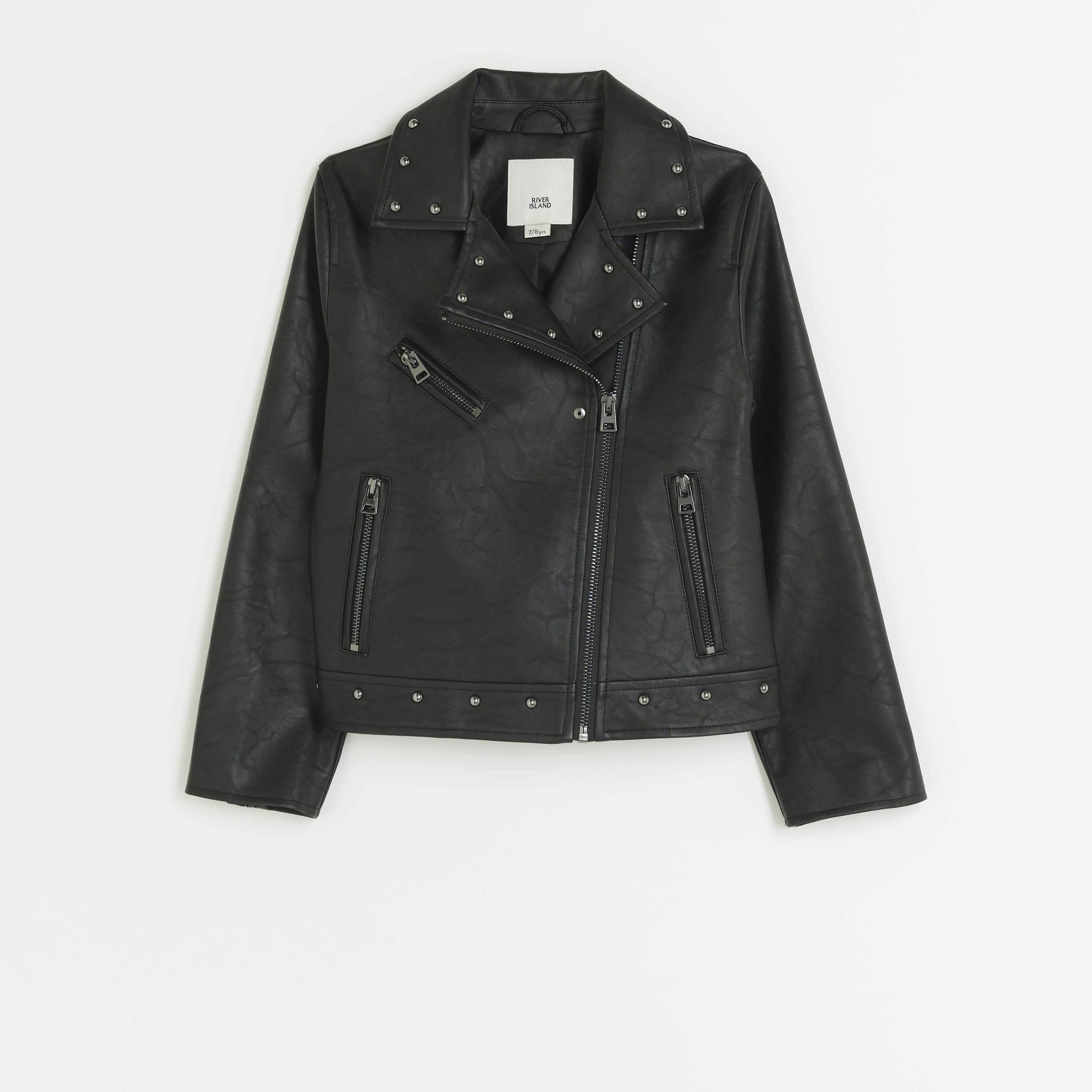 River Island Girls Black Faux Leather Studded Biker Jacket