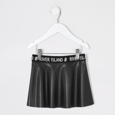 Mini Girls Black Faux Leather Skater Skirt River Island