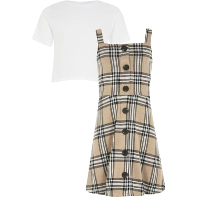 beige check pinafore dress