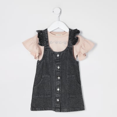 girls black denim pinafore dress