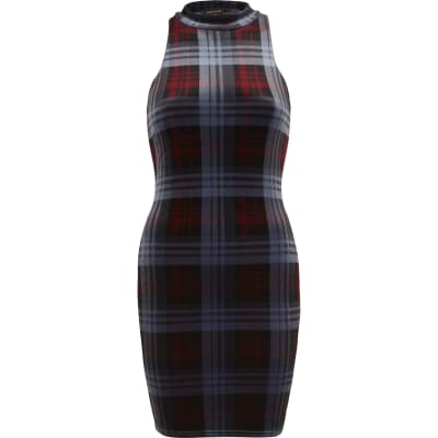 Blue tartan velvet turtle neck bodycon dress