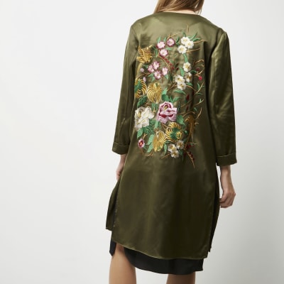 Khaki green embroidered duster | River Island