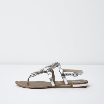Silver metallic embellished flat sandals | River Island