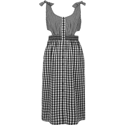 Black gingham print button through midi dress - Skater Dresses ...