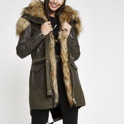Khaki green faux fur trim hooded parka River Island