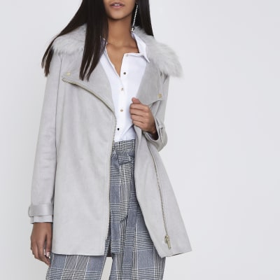 Grey faux fur collar swing coat | River Island