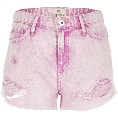 Pink Acid Wash Distressed Denim Shorts Denim Shorts Shorts Women
