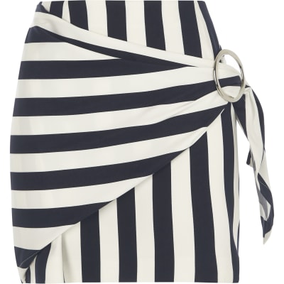 Navy stripe print buckle wrap mini skirt - Mini Skirts - Skirts - women