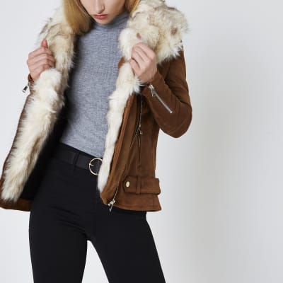 Tan faux fur trim aviator jacket Jackets Coats & Jackets women