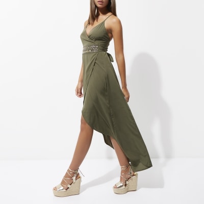 Khaki Green Embellished Wrap Maxi Beach Dress