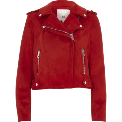 Red Faux Suede Biker Jacket River Island 3176