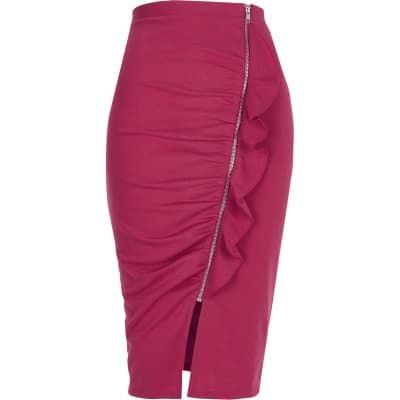Pink ruched asymmetric zip front pencil skirt - Midi Skirts - Skirts ...