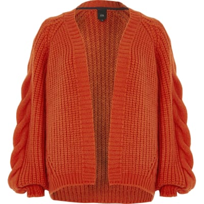 Red chunky cable knit cardigan - Knit Tops - Tops - women