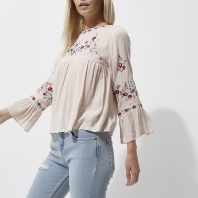Petite cream embroidered smock top - Blouses - Tops - women