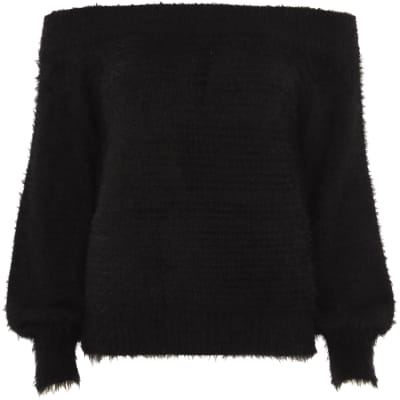 Black bardot fluffy knit jumper | River Island