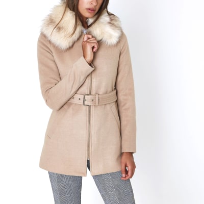 Camel Faux Fur Collar Belted Coat Coats Coats And Jackets Women 