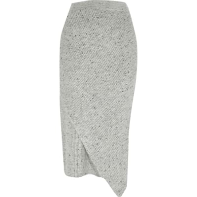Grey neppy knit wrap front midi skirt - Midi Skirts - Skirts - women