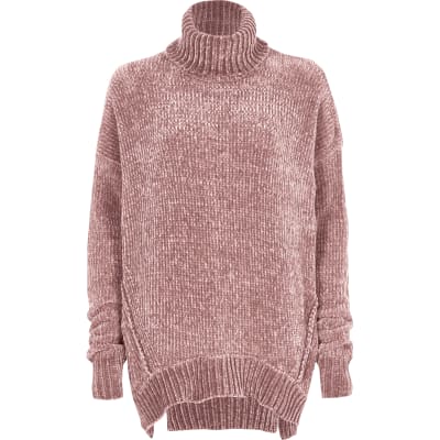 Pink chenille knit oversized roll neck sweater - Oversized / Longline ...