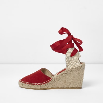 Red suede ankle tie espadrille wedges - Sandals - Shoes & Boots - women