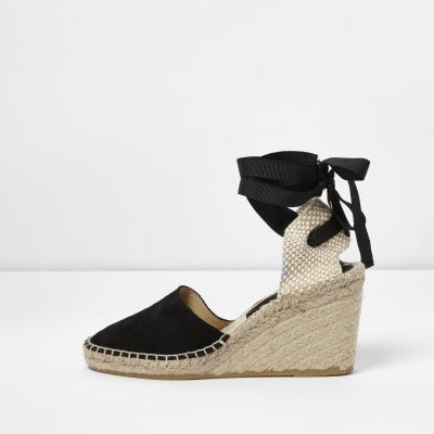 Black suede ankle tie espadrille wedges Sandals Shoes