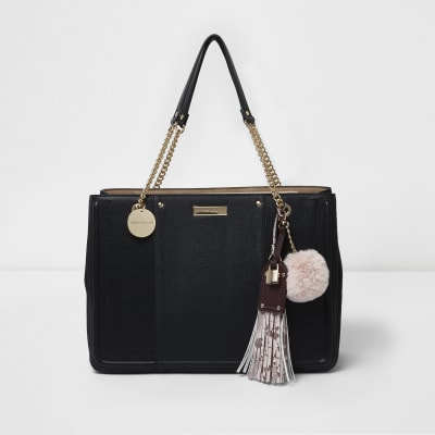 Black chain handle tassel structured tote bag - Shopper & Tote Bags ...