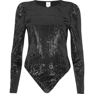 Silver mirror sequin long sleeve bodysuit - Bodysuits - Tops - women