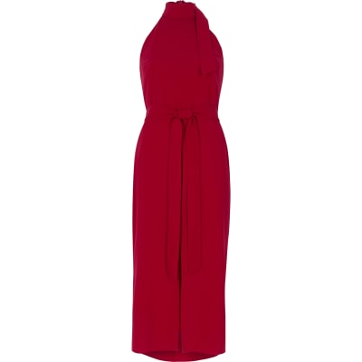 Red high neck tie waist midi dress - Swing Dresses - Dresses - women