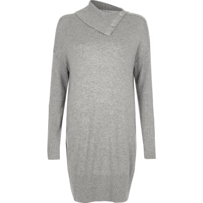 Grey popper neck rib sleeve jumper dress